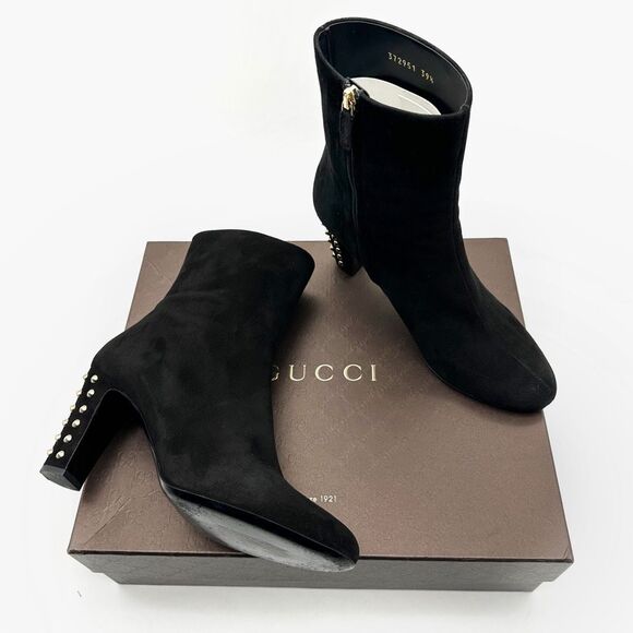GUCCI Melville Black Suede Boots Size 39.5 US 9.5 Studded Heeled Bootie - Picture 2 of 14